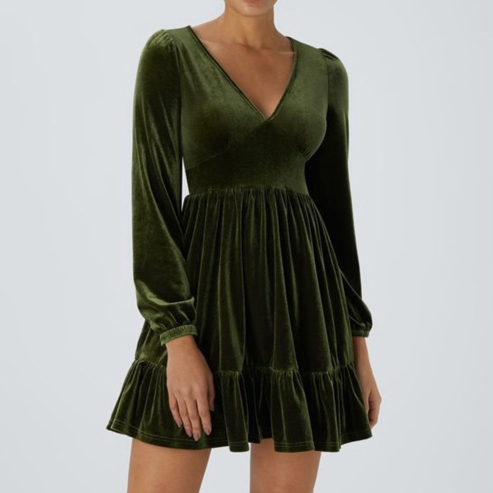 Olive Green Velvet V-Neck Mini Dress